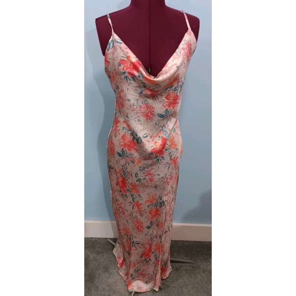 Paper Heart Dresses & Skirts - Floral Pink Satin Slip Dress with Cowl Neck